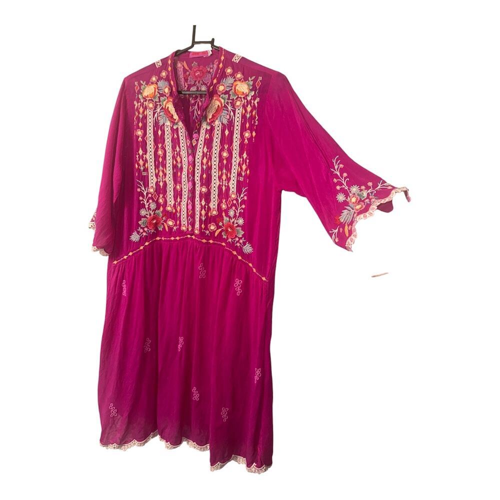 Johnny Was XS Fuchsia Embroidered Floral Boho Dress Sheer Silk Blend 3/4 Sleeve - Picture 2 of 9